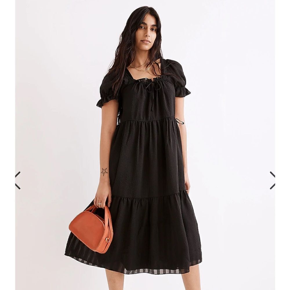 Madewell Square-Neck Tiered Midi Dress in Textured Seersucker